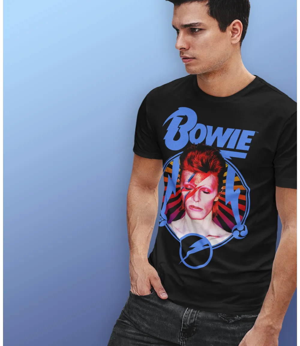 Man Wearing Unisex short sleeve black t-shirt featuring official David Bowie Ziggy Stardust Flash portrait design with Bowie text in blue above / Retro Tees
