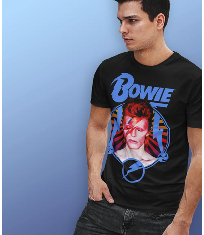 Man Wearing Unisex short sleeve black t-shirt featuring official David Bowie Ziggy Stardust Flash portrait design with Bowie text in blue above / Retro Tees