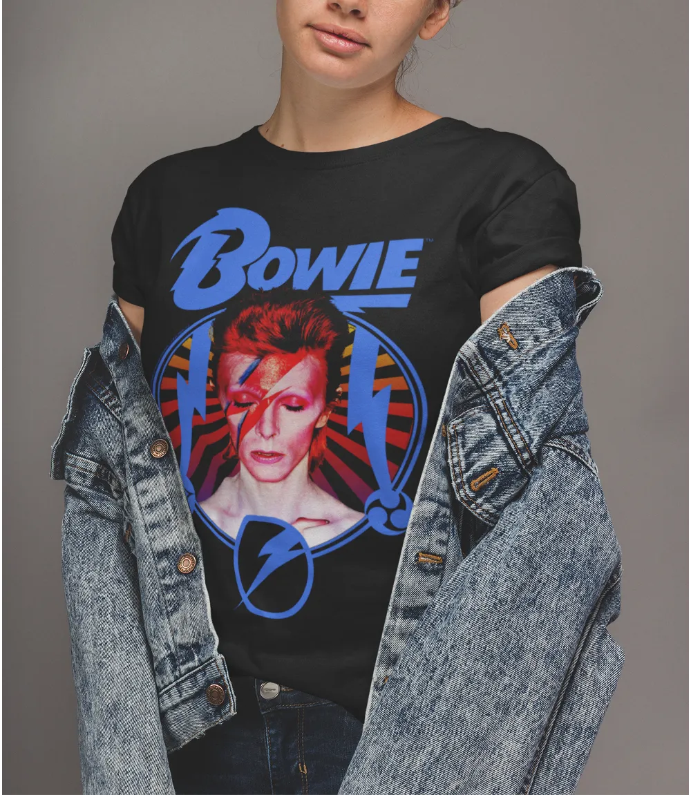 Woman wearing Unisex short sleeve black t-shirt featuring official David Bowie Ziggy Stardust Flash portrait design with Bowie text in blue above / Retro Tees