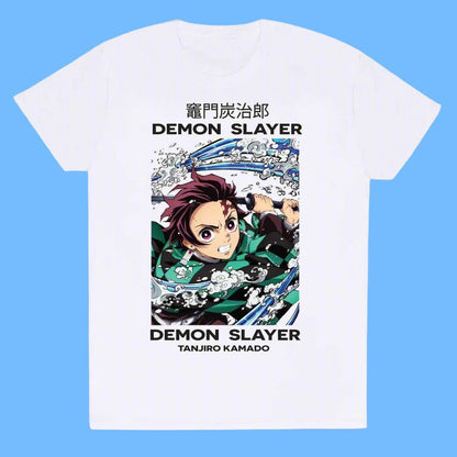 Retro Tees white short sleeve cotton t-shirt featuring Demon Slayer poster design