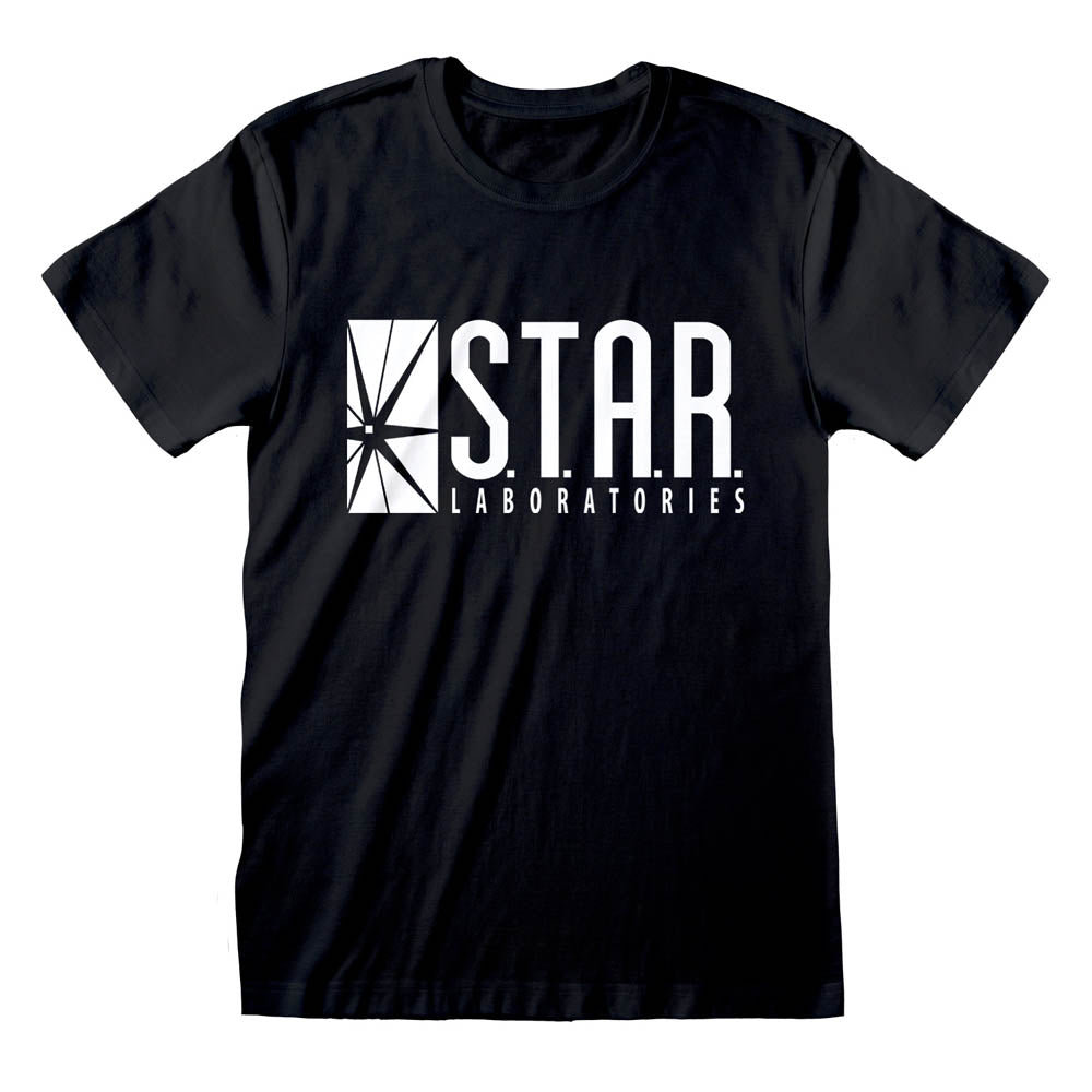 Retro tees black short sleeve t-shirt featuring Star Laboratories text and logo in white