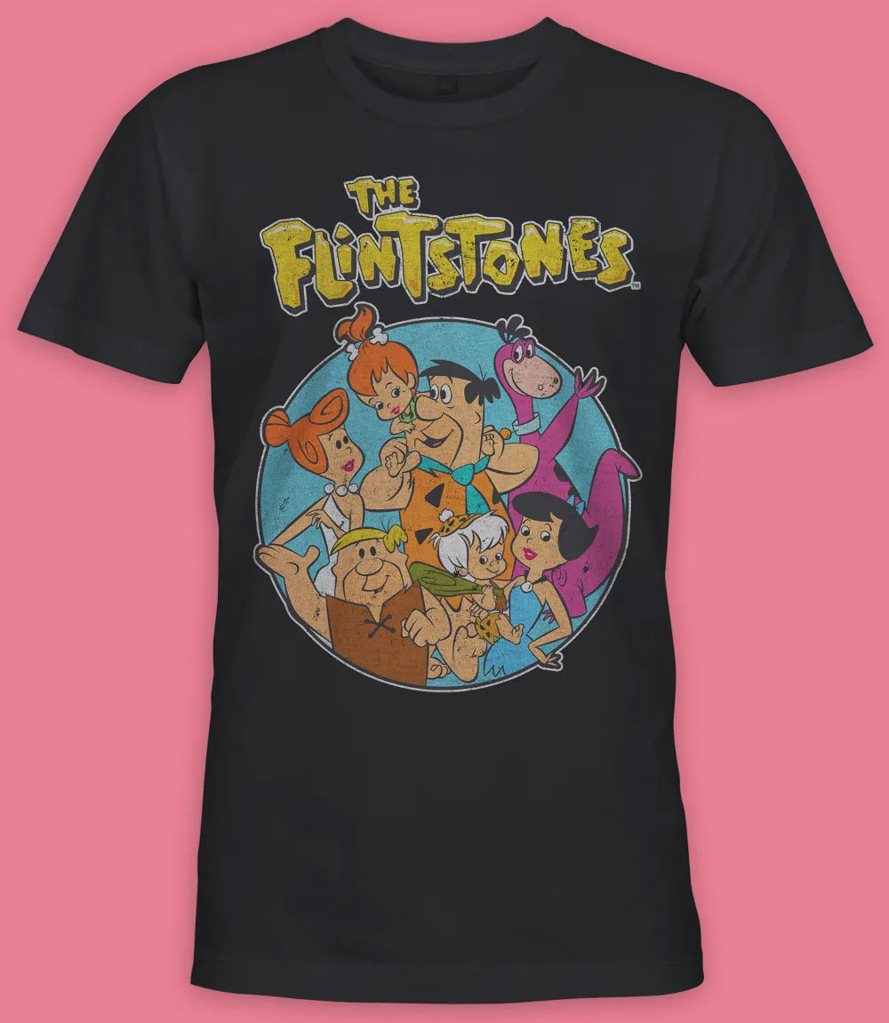 Unisex short sleeve black t-shirt featuring official The Flintstones cartoon Bedrock Family design with The Flintstones Text logo / Retro Tees