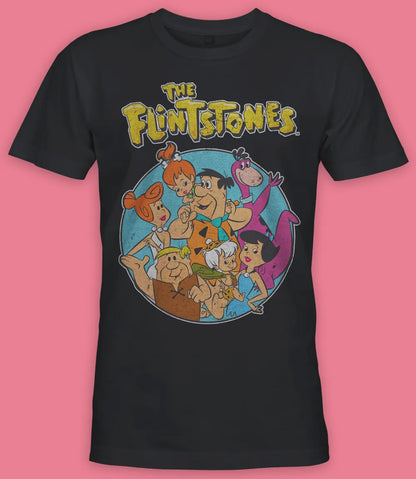 Unisex short sleeve black t-shirt featuring official The Flintstones cartoon Bedrock Family design with The Flintstones Text logo / Retro Tees