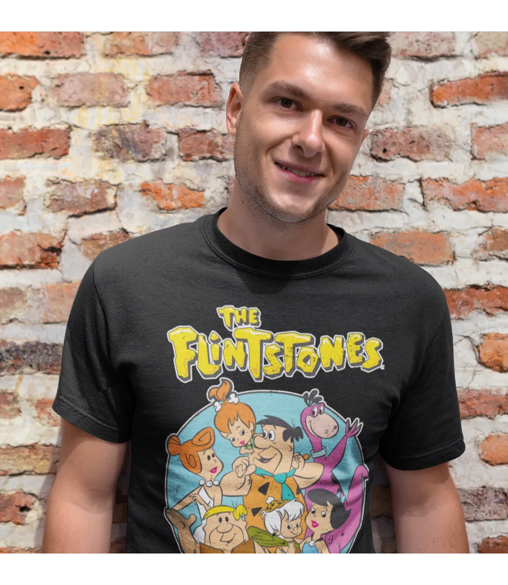 Man wearing Unisex short sleeve black t-shirt featuring official The Flintstones cartoon Bedrock Family design with The Flintstones Text logo / Retro Tees