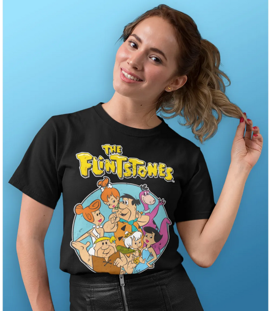 Woman wearing Unisex short sleeve black t-shirt featuring official The Flintstones cartoon Bedrock Family design with The Flintstones Text logo / Retro Tees