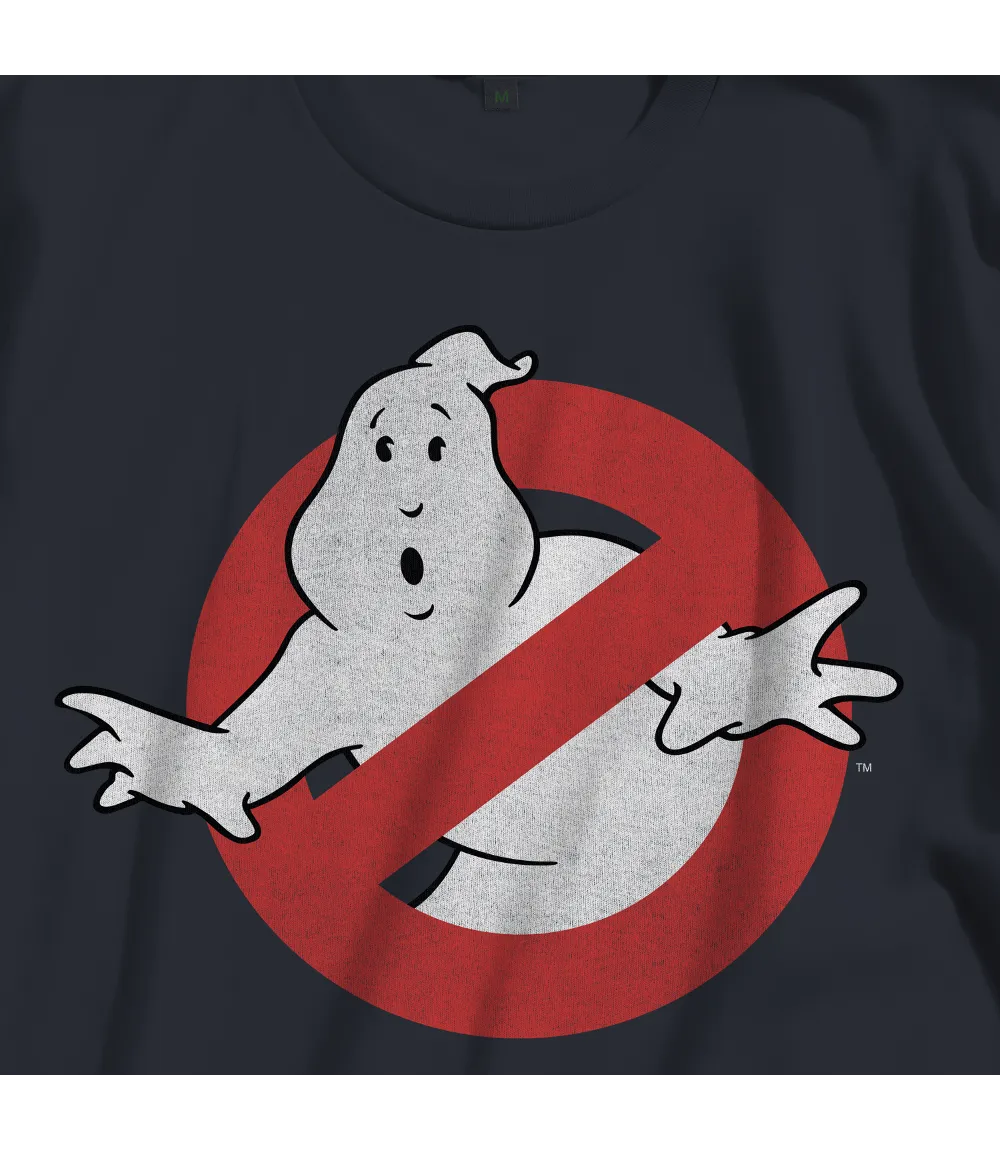 Close up of Unisex short sleeve black t-shirt featuring official Sony Ghostbusters 80s Movie logo design / Retro Tees