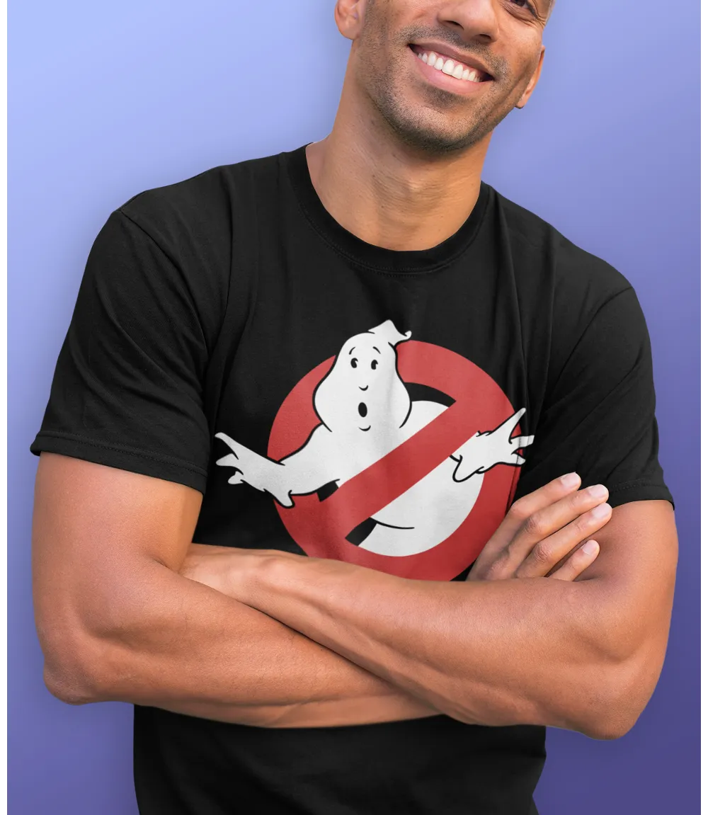 Man wearing Unisex short sleeve black t-shirt featuring official Sony Ghostbusters Movie logo design / Retro Tees