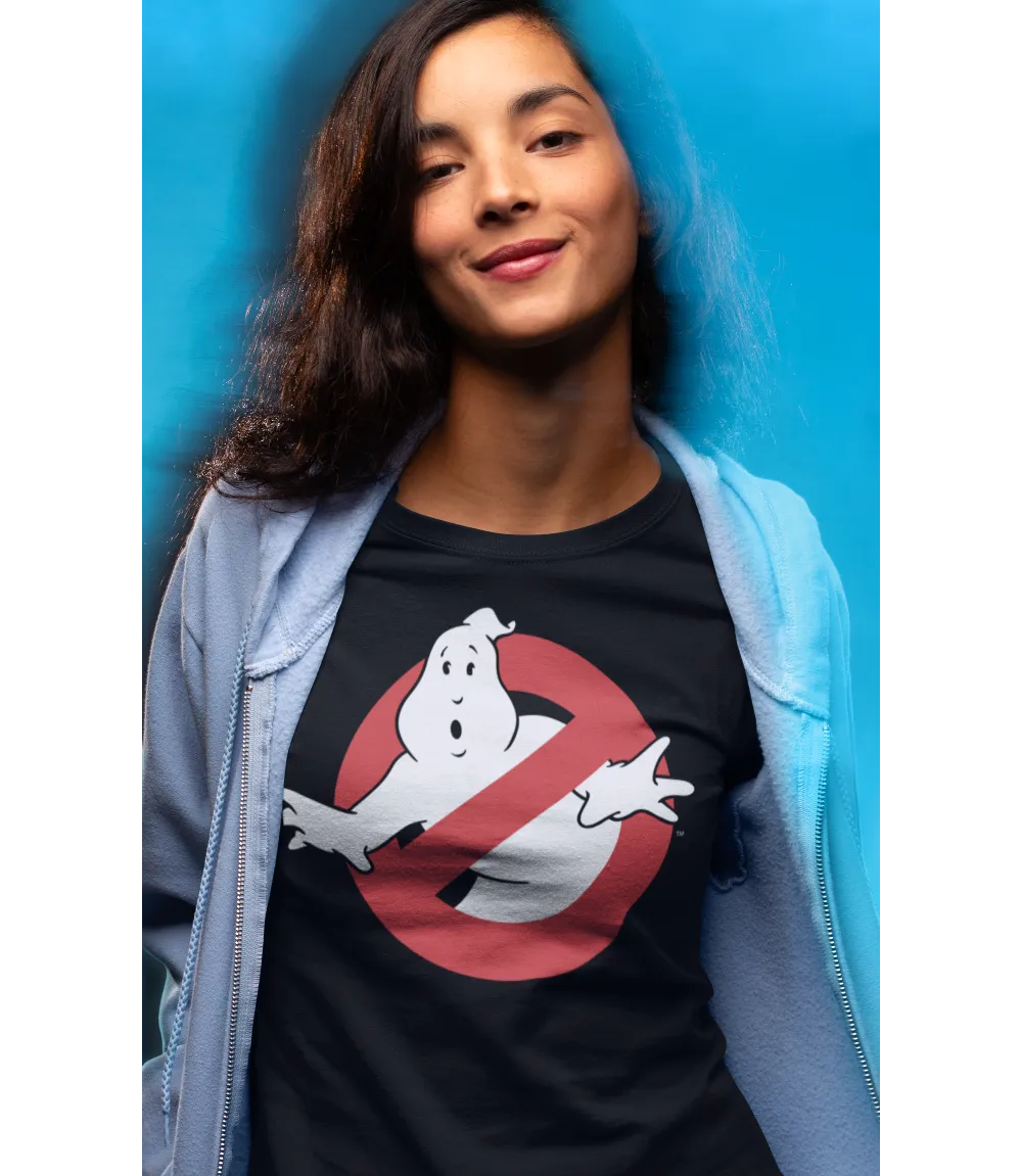 Woman wearing Unisex short sleeve black t-shirt featuring official Sony Ghostbusters Movie logo design / Retro Tees