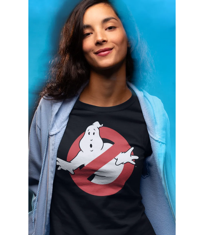 Woman wearing Unisex short sleeve black t-shirt featuring official Sony Ghostbusters Movie logo design / Retro Tees