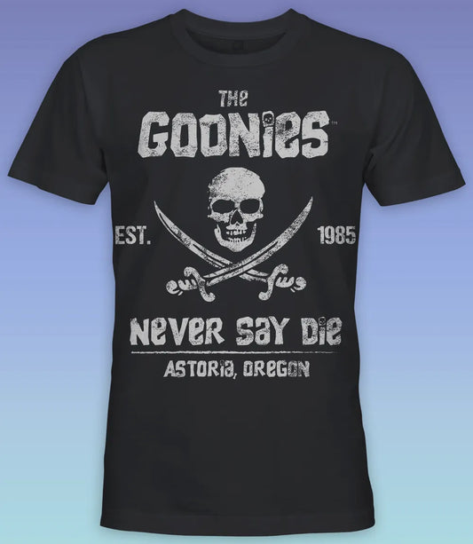 Unisex short sleeve black t-shirt featuring official Warner Bros The Goonies movie poster skull and cross swords design with the iconic text The Goonies,  Never Say Die  / Retro Tees