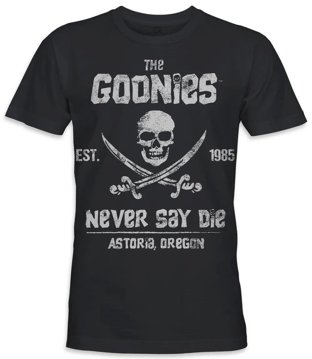 Unisex short sleeve black t-shirt featuring official Warner Bros The Goonies movie poster skull and cross swords design with the iconic text The Goonies, Never Say Die / Retro Tees