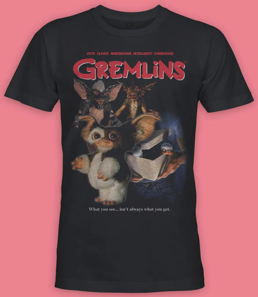 Unisex short sleeve black t-shirt featuring official Gremlins 80s movie poster design with beloved characters, Gizmo and Stripe  / Retro Tees