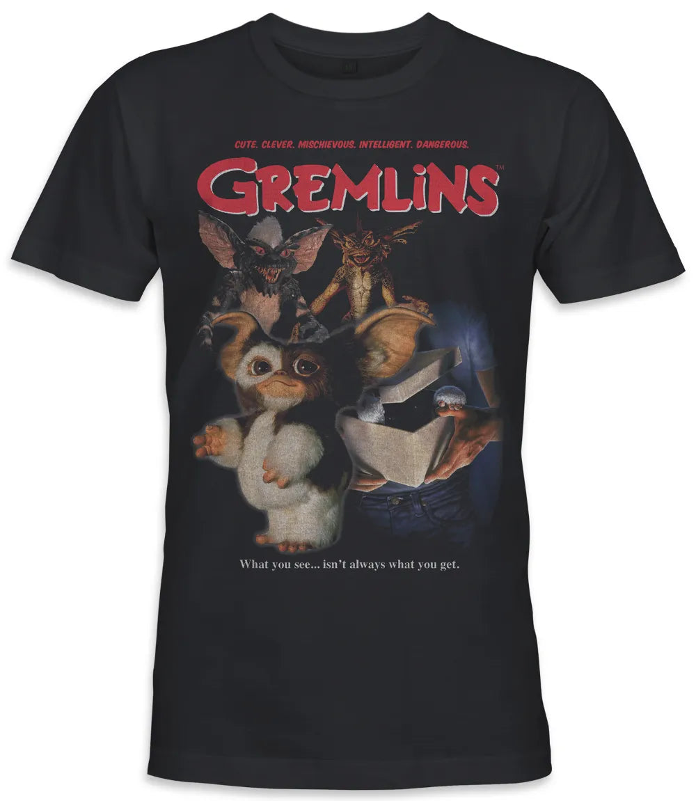 Unisex short sleeve black t-shirt featuring official Gremlins 80s movie poster design with beloved characters, Gizmo and Stripe / Retro Tees