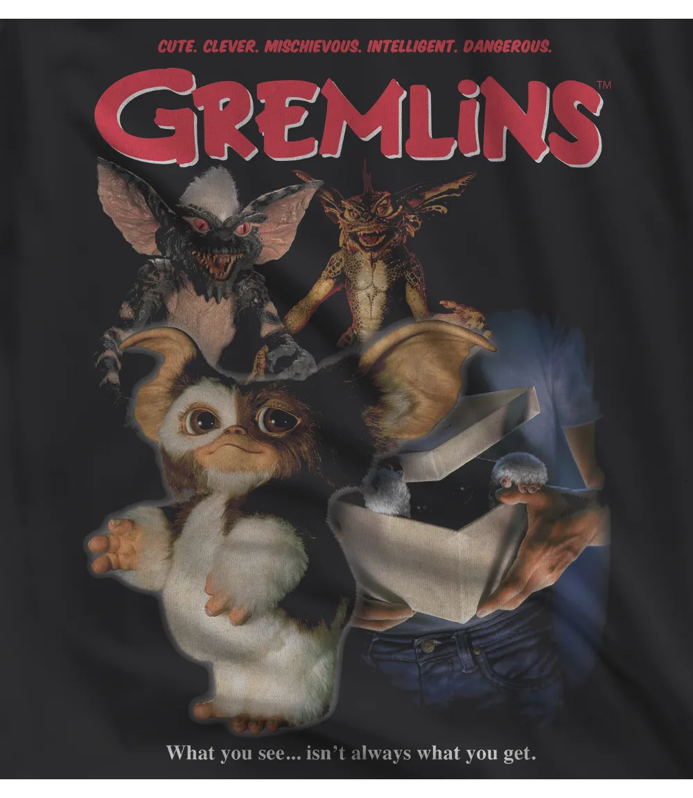 Close up of Unisex short sleeve black t-shirt featuring official Gremlins 80s movie poster design with beloved characters, Gizmo and Stripe / Retro Tees