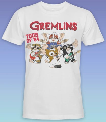 Unisex short sleeve white t-shirt featuring official Warner Bros Gremlins Tour Of 84 - The Mogwais Rock Band design  / Retro Tees