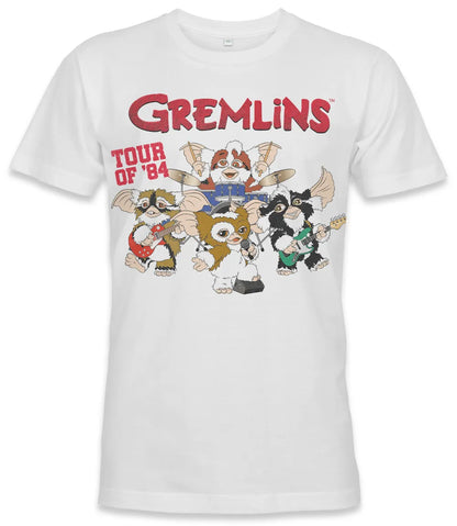 Unisex short sleeve white t-shirt featuring official Warner Bros Gremlins Tour Of 84 - The Mogwais Rock Band design / Retro Tees