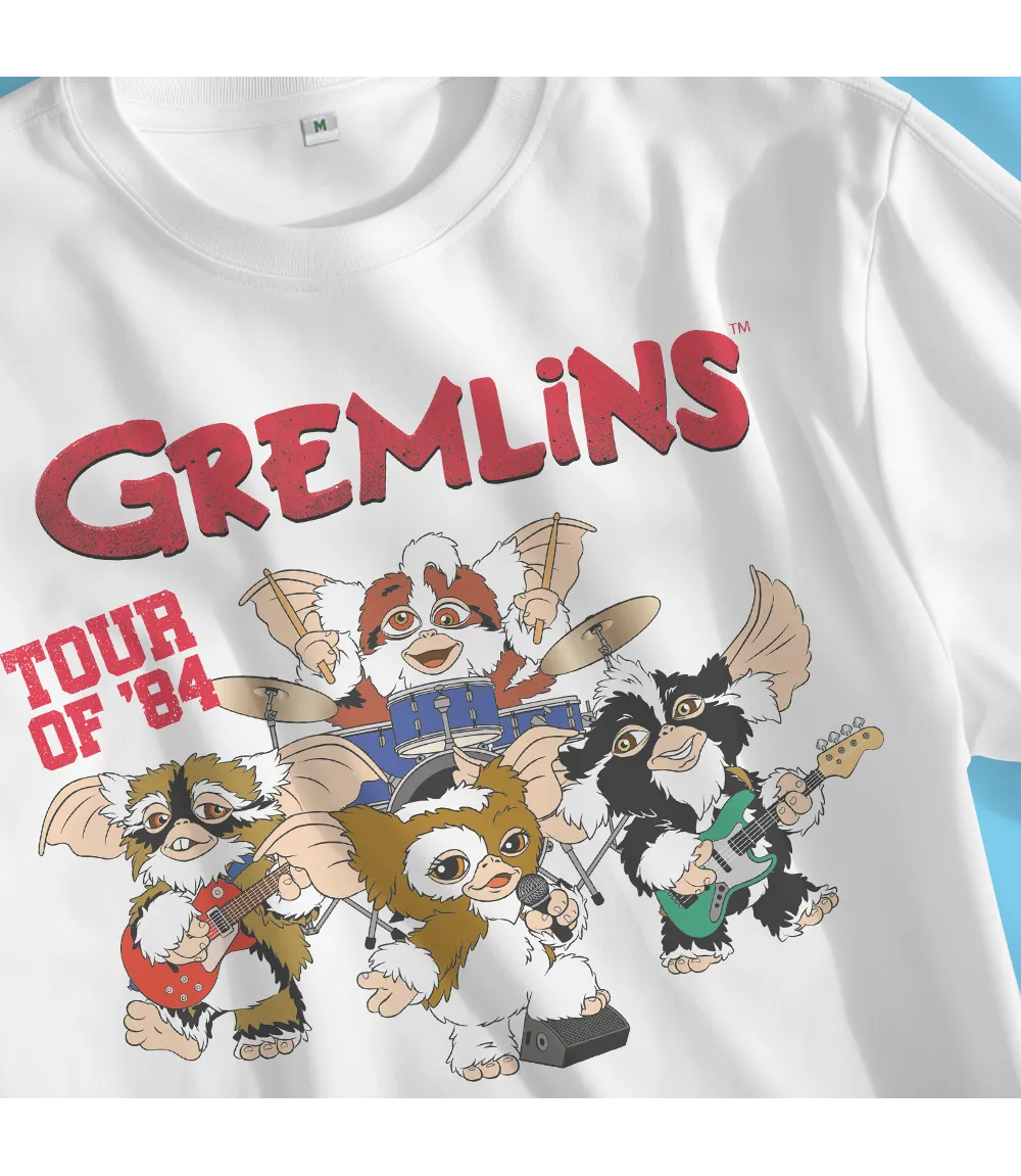Unisex short sleeve white t-shirt featuring official Warner Bros Gremlins Tour Of 84 - The Mogwais Rock Band design / Retro Tees