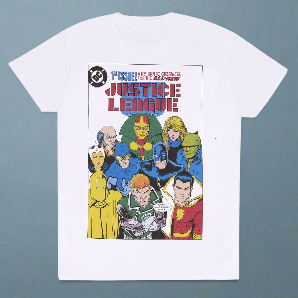 Officially licenced DC Comics Justice League t-shirt. This awesome white cotton short sleeve t-shirt features a classic DC Comics 1st issue comic book cover design, with the classic Justice League characters and text above.