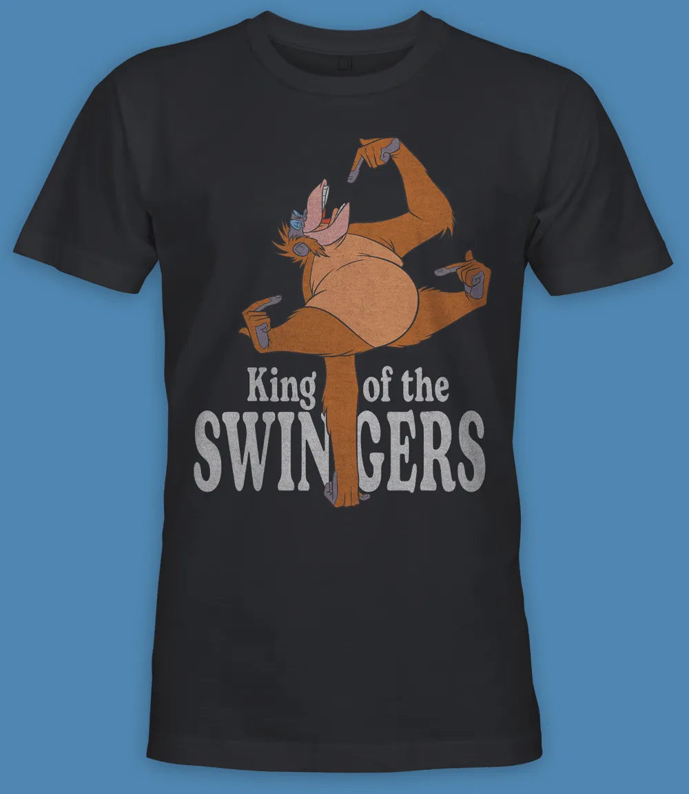 Unisex short sleeve black t-shirt featuring official Disney Jungle Book, King Louie design with text King Of The Swingers in white below / Retro Tees