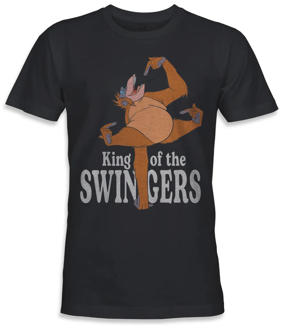 Unisex short sleeve black t-shirt featuring official Disney Jungle Book, King Louie design with text King Of The Swingers in white below / Retro Tees