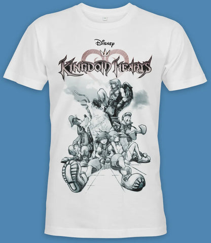 Unisex short sleeve white t-shirt featuring official DISNEY Kingdom Hearts Donald Duck, Goofy and Sora character group design with iconic logo above / Retro Tees