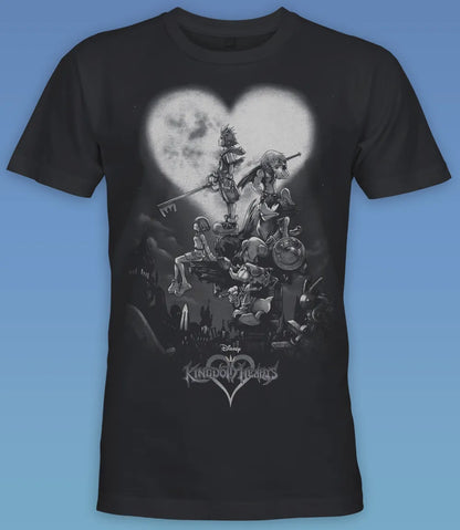 Unisex short sleeve black t-shirt featuring official DISNEY Kingdom Hearts characters design with iconic logo below / Retro Tees