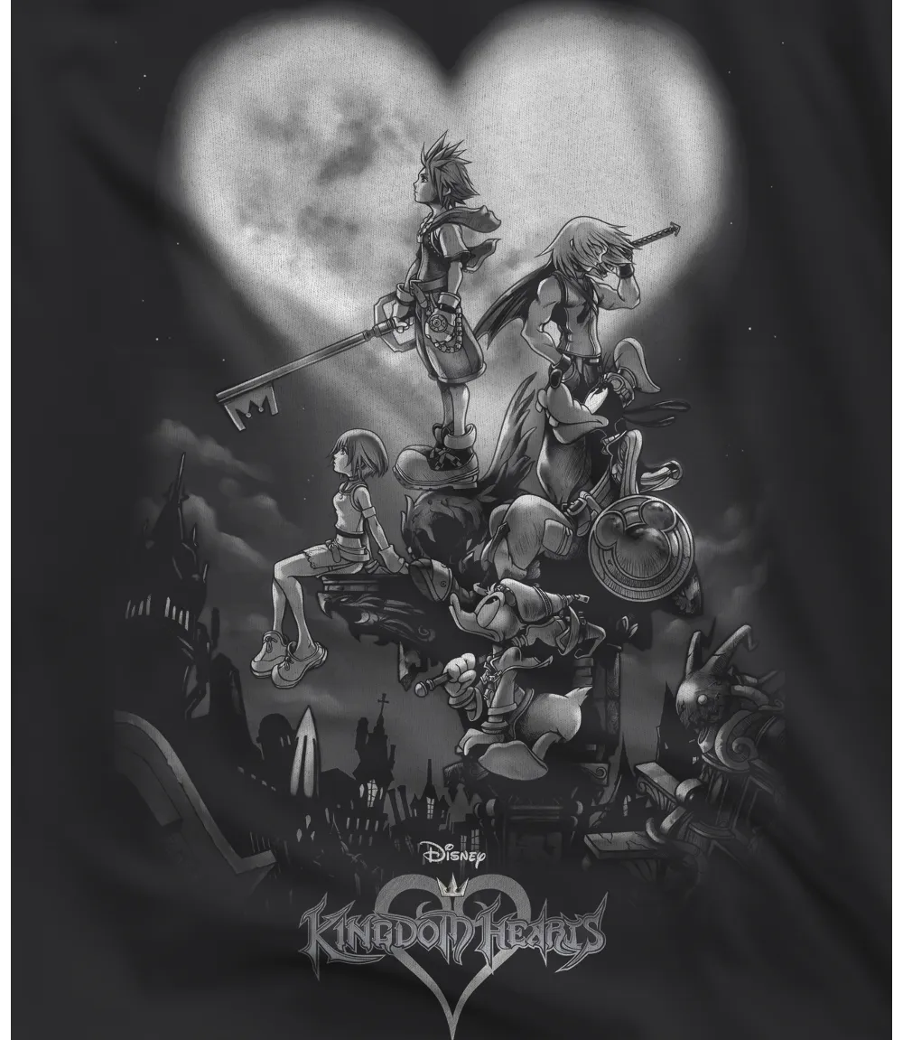 Close up of Unisex short sleeve black t-shirt featuring official DISNEY Kingdom Hearts characters design with iconic logo below / Retro Tees