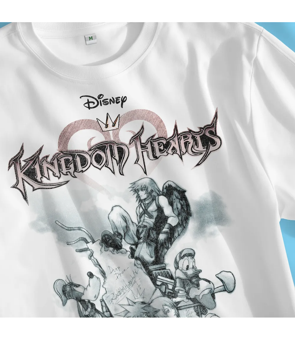 Close up of Unisex short sleeve white t-shirt featuring official DISNEY Kingdom Hearts Donald Duck, Goofy and Sora character group design with iconic logo above / Retro Tees