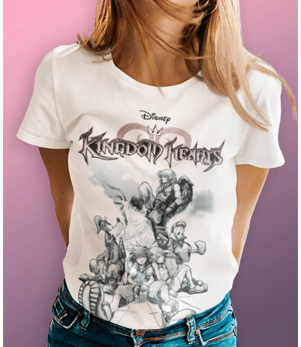 Woman wearing Unisex short sleeve white t-shirt featuring official DISNEY Kingdom Hearts Donald Duck, Goofy and Sora character group design with iconic logo above / Retro Tees