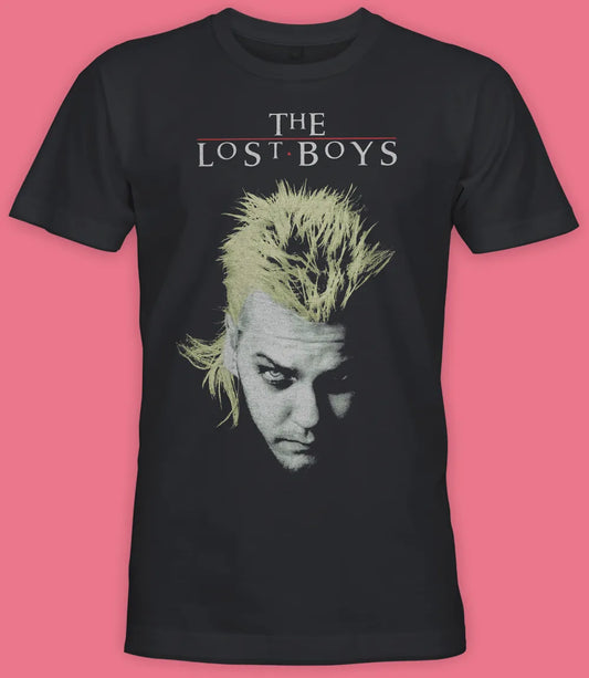 Unisex short sleeve black t-shirt featuring official The Lost Boys 80s Vampire movie David design with The Lost Boys text / Retro Tees