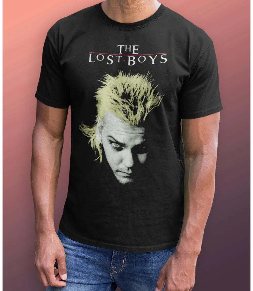 Man wearing Unisex short sleeve black t-shirt featuring official The Lost Boys 80s Vampire movie David design with The Lost Boys text / Retro Tees