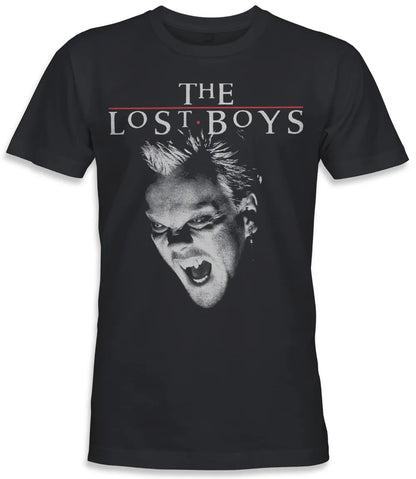 Unisex short sleeve black t-shirt featuring official The Lost Boys 80s Vampire movie David design with The Lost Boys text / Retro Tees