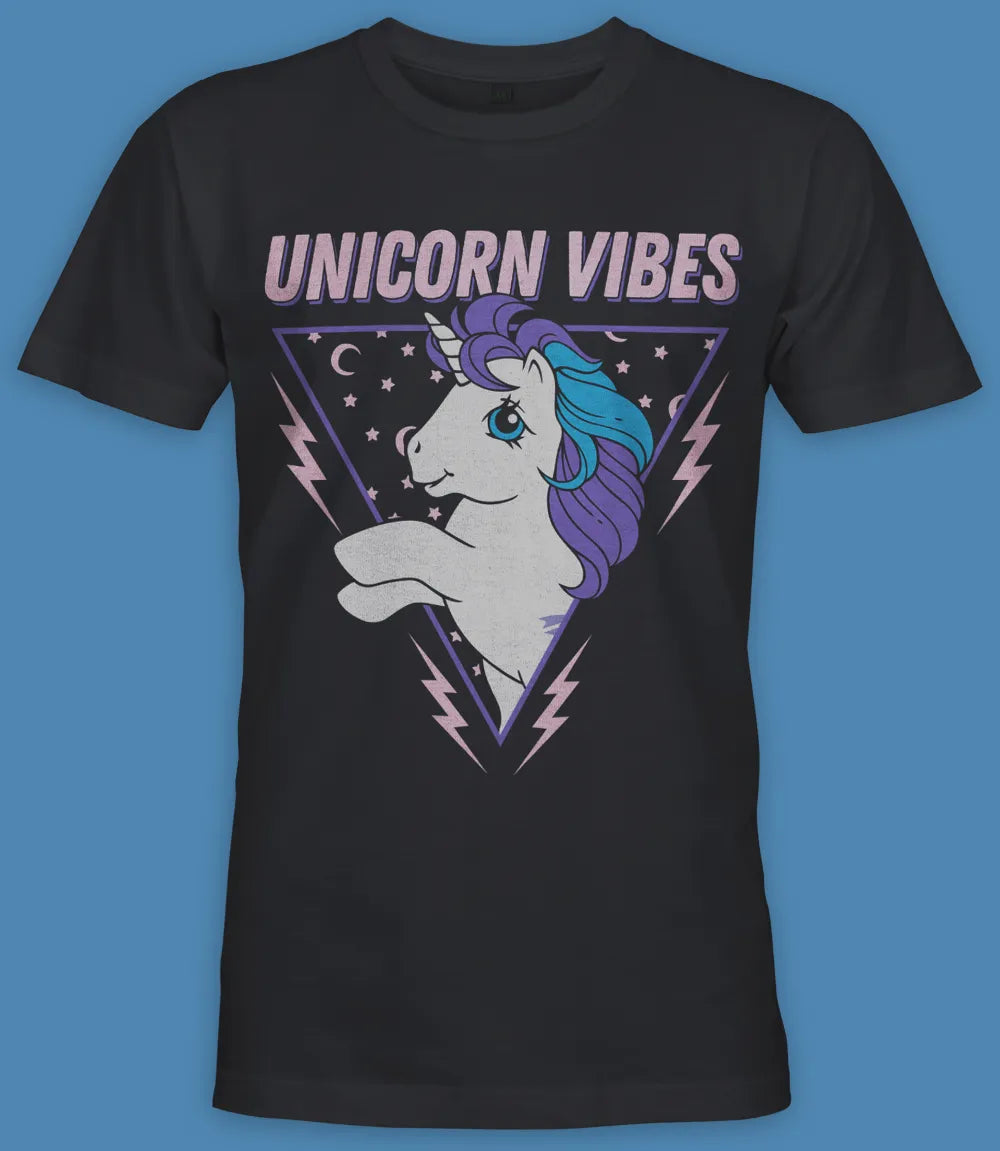 Unisex short sleeve black t-shirt featuring official Hasbro My Little Pony, unicorn design with Unicorn Vibes text above / Retro Tees