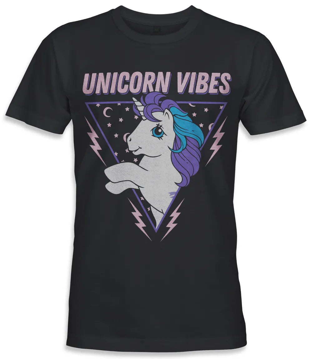Unisex short sleeve black t-shirt featuring official Hasbro My Little Pony, unicorn design with Unicorn Vibes text above / Retro Tees