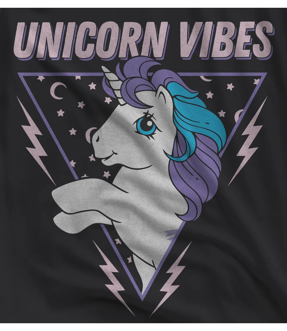 Close up of Unisex short sleeve black t-shirt featuring official Hasbro My Little Pony, unicorn design with Unicorn Vibes text above / Retro Tees