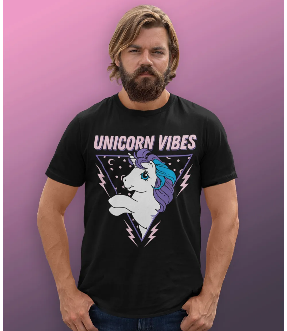 Man wearing Unisex short sleeve black t-shirt featuring official Hasbro My Little Pony, unicorn design with Unicorn Vibes text above / Retro Tees
