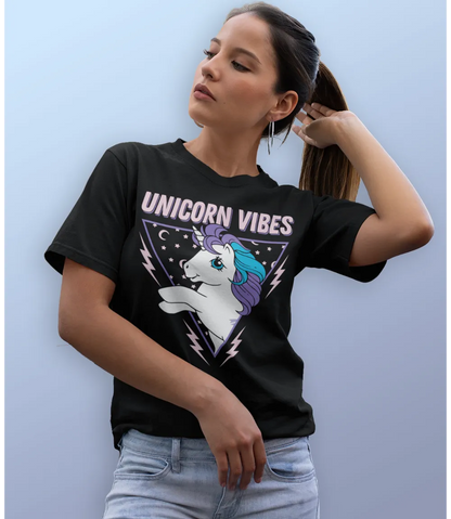 Woman wearing Unisex short sleeve black t-shirt featuring official Hasbro My Little Pony, unicorn design with Unicorn Vibes text above / Retro Tees