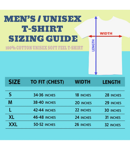 Retro Tees men's unisex cotton t-shirt size chart