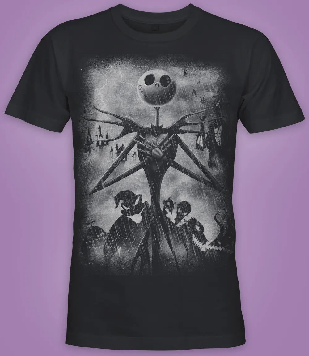 Unisex short sleeve white t-shirt featuring official DISNEY Nightmare Before Christmas Jack Skellington Stormy Sky's  movie poster design / Retro Tees
