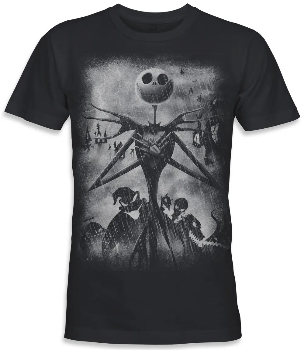 Unisex short sleeve white t-shirt featuring official DISNEY Nightmare Before Christmas Jack Skellington Stormy Sky's movie poster design / Retro Tees