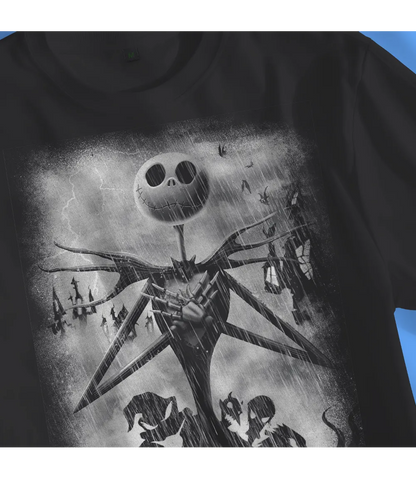 Close up of Unisex short sleeve white t-shirt featuring official DISNEY Nightmare Before Christmas Jack Skellington Stormy Sky's movie poster design / Retro Tees