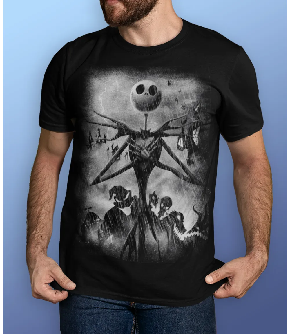 Man wearing Unisex short sleeve white t-shirt featuring official DISNEY Nightmare Before Christmas Jack Skellington Stormy Sky's movie poster design / Retro Tees