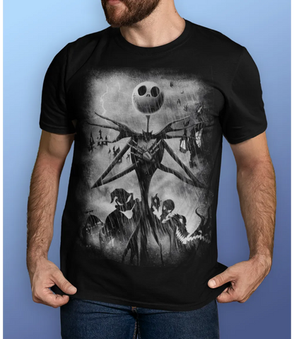 Man wearing Unisex short sleeve white t-shirt featuring official DISNEY Nightmare Before Christmas Jack Skellington Stormy Sky's movie poster design / Retro Tees