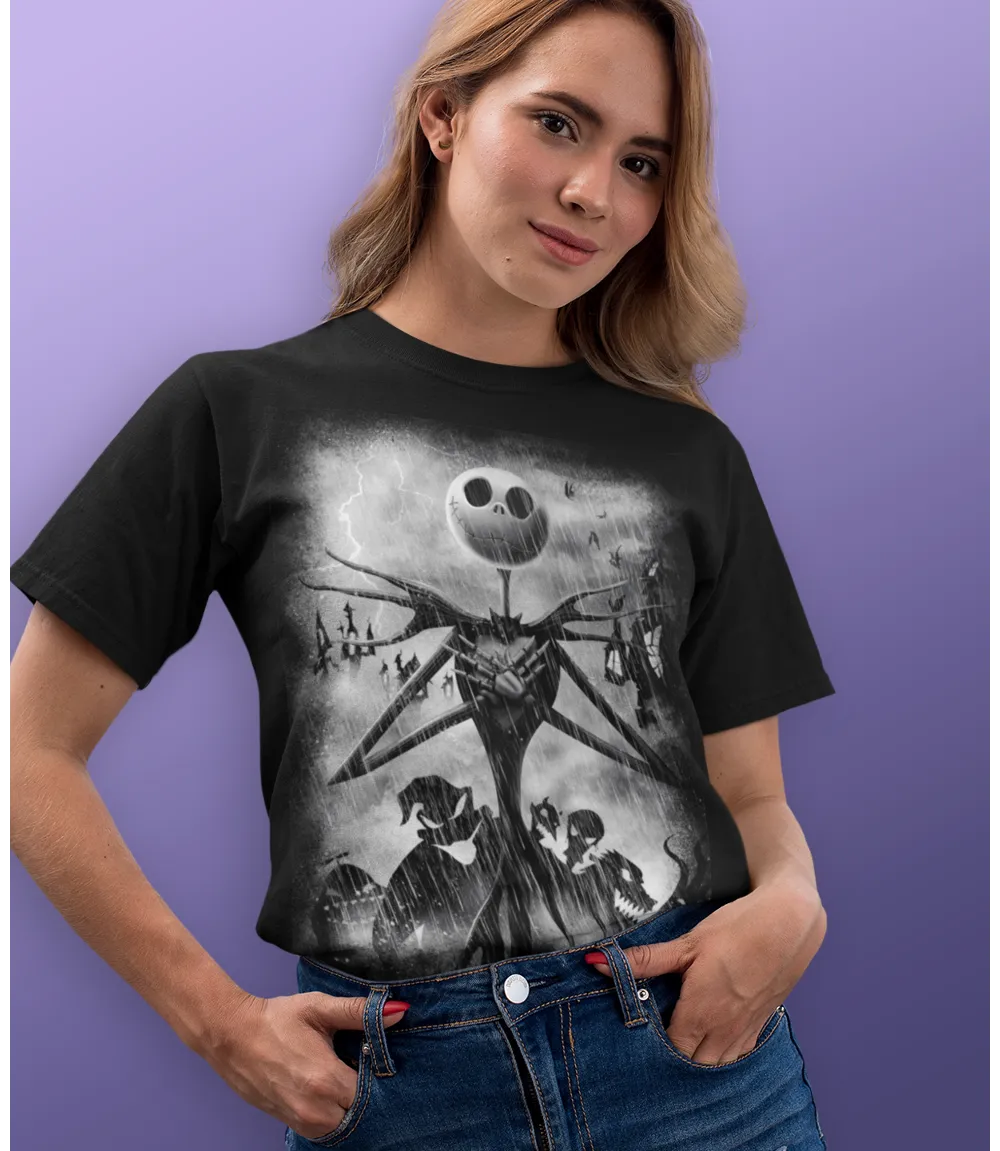 Woman wearing Unisex short sleeve white t-shirt featuring official DISNEY Nightmare Before Christmas Jack Skellington Stormy Sky's movie poster design / Retro Tees