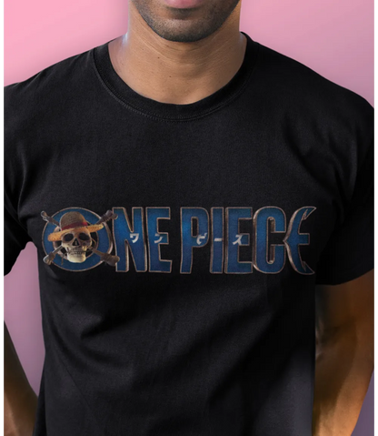 Man wearing Unisex short sleeve black t-shirt featuring official Netflix One Piece Anime, Manga Logo design / Retro Tees
