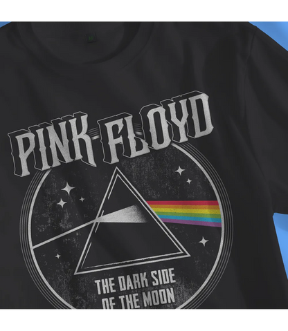 Close up of Unisex short sleeve black t-shirt featuring official Pink Floyd, Dark Side Of The Moon album cover design / Retro Tees