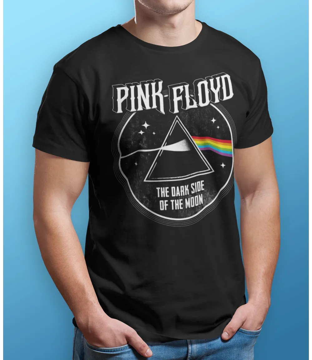 Man wearing Unisex short sleeve black t-shirt featuring official Pink Floyd, Dark Side Of The Moon album cover design / Retro Tees