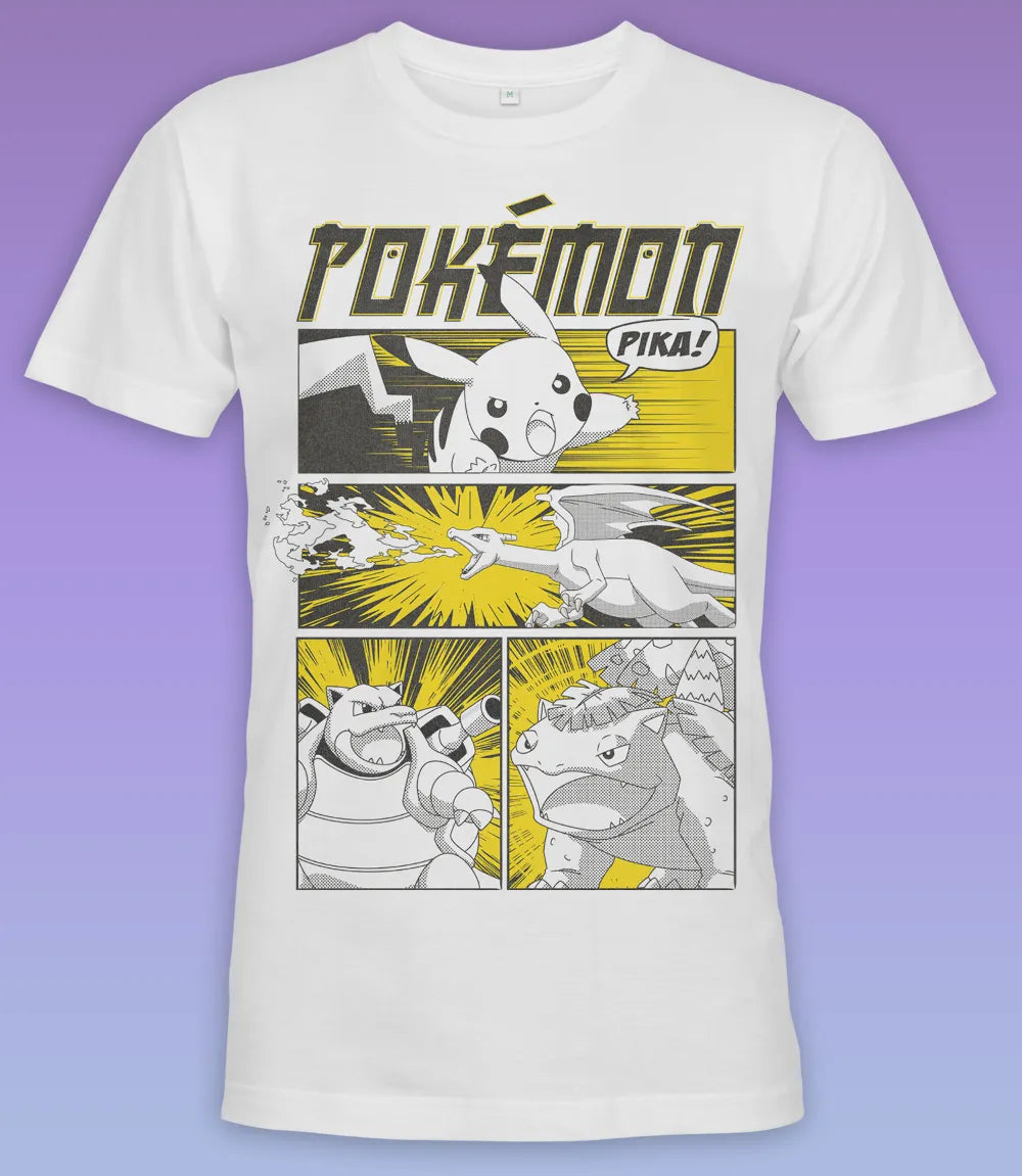 Unisex short sleeve white t-shirt featuring official Pokémon comic, anime, manga style design with the awesome characters Picachu, Charizard, Venusaur and Blastoise / Retro Tees