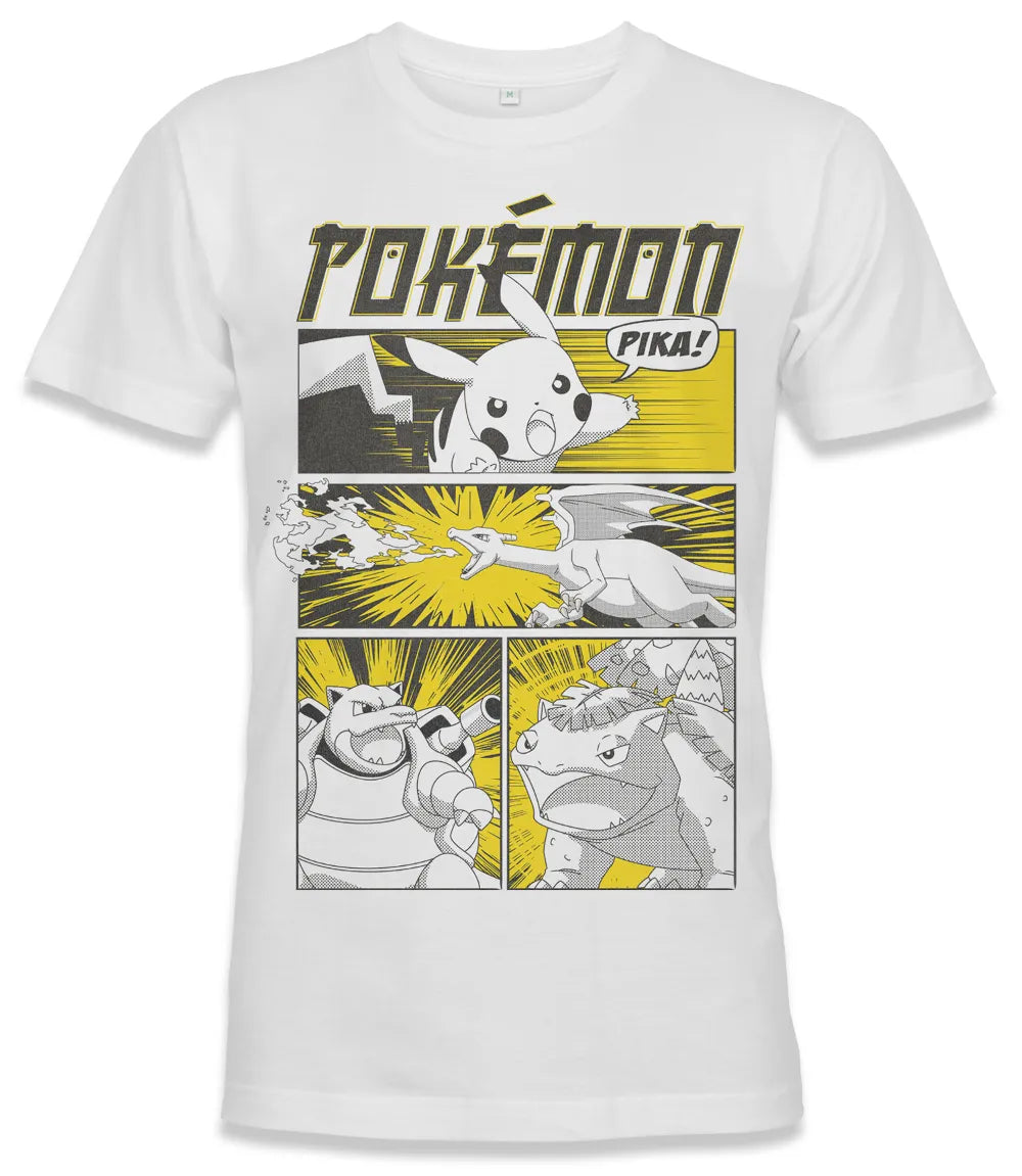 Unisex short sleeve white t-shirt featuring official Pokémon comic, anime, manga style poster design with the awesome characters Picachu, Charizard, Venusaur and Blastoise / Retro Tees