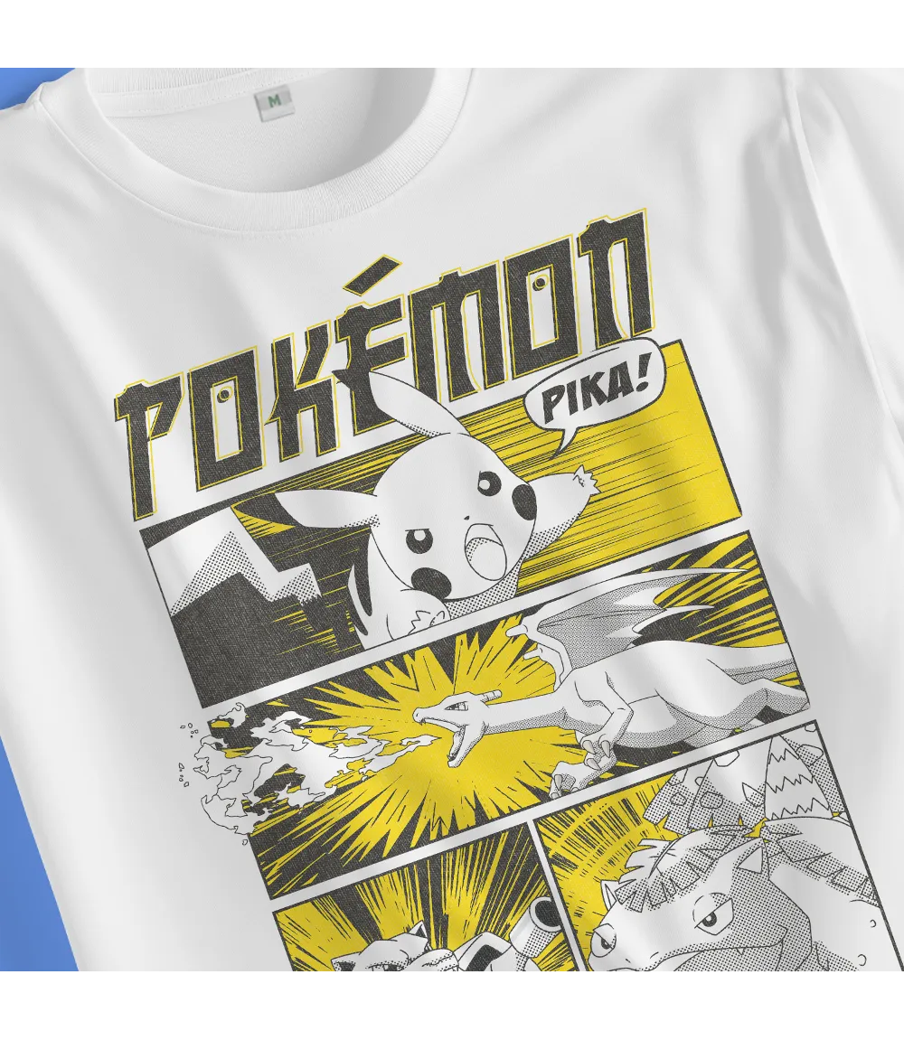 Close up of Unisex short sleeve white t-shirt featuring official Pokémon comic, anime, manga style design with the awesome characters Picachu, Charizard, Venusaur and Blastoise / Retro Tees